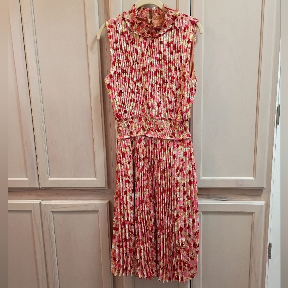 Nanette Lepore Floral Pleated Midi Dress 14 | Romantic Boho Smocked High Neck